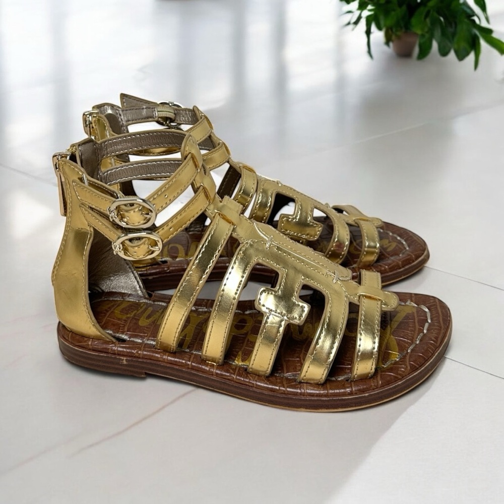 Sam Edelman Girls Ginnie Gladiator Gold Leather Flat Sandals Size 12